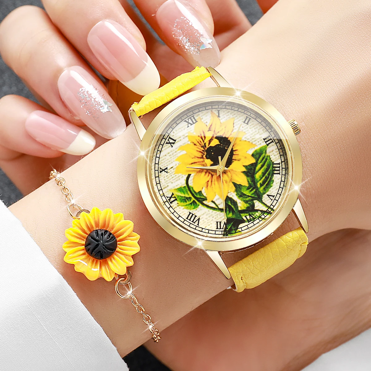 2PCS/Set Fashion Flower Dial Women Watches Leather Strap Quartz Watch With Daisy Bracelet Set Reloj Mujer (Without Box)