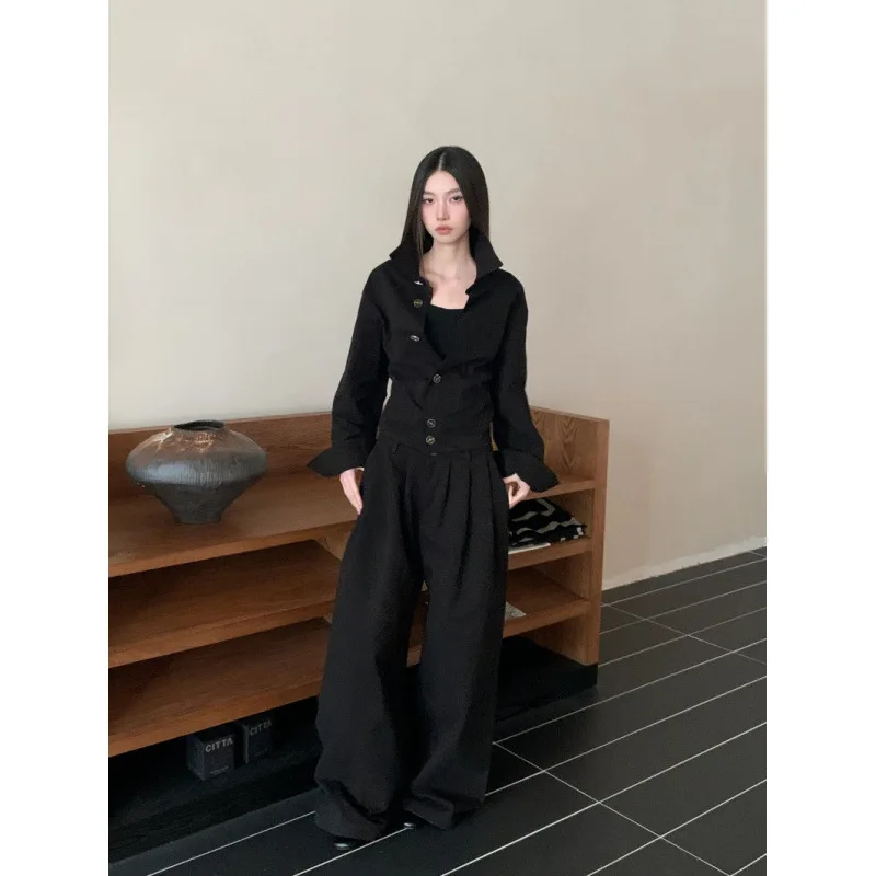 Dames Zwart Polokraag Cropped Shirt Tops Hoge taille Geplooide Rechte Wijde pijpen Broek Tweedelige set Herfst Koreaanse trend
