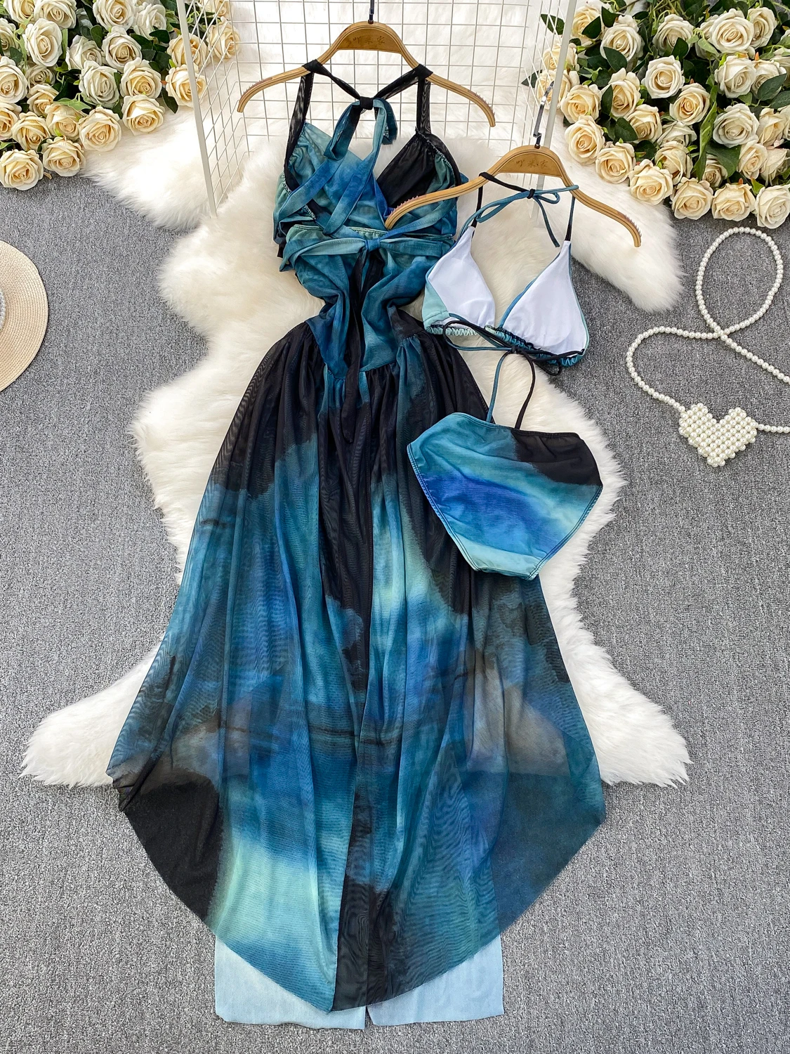 Vaion Sle Tie Dye V Ne Hanging Ne Dr femmes été taille Cinch asymétrique Long Dr avec maillot de bain t-shirt ensemble de pièces