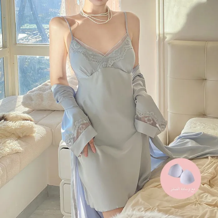 

Sexy Lace Bal Ice Silk Thin Women's Summer Spwear Home Clothes Set Pure Desire Sle with Chest Pad Two-Piece Set