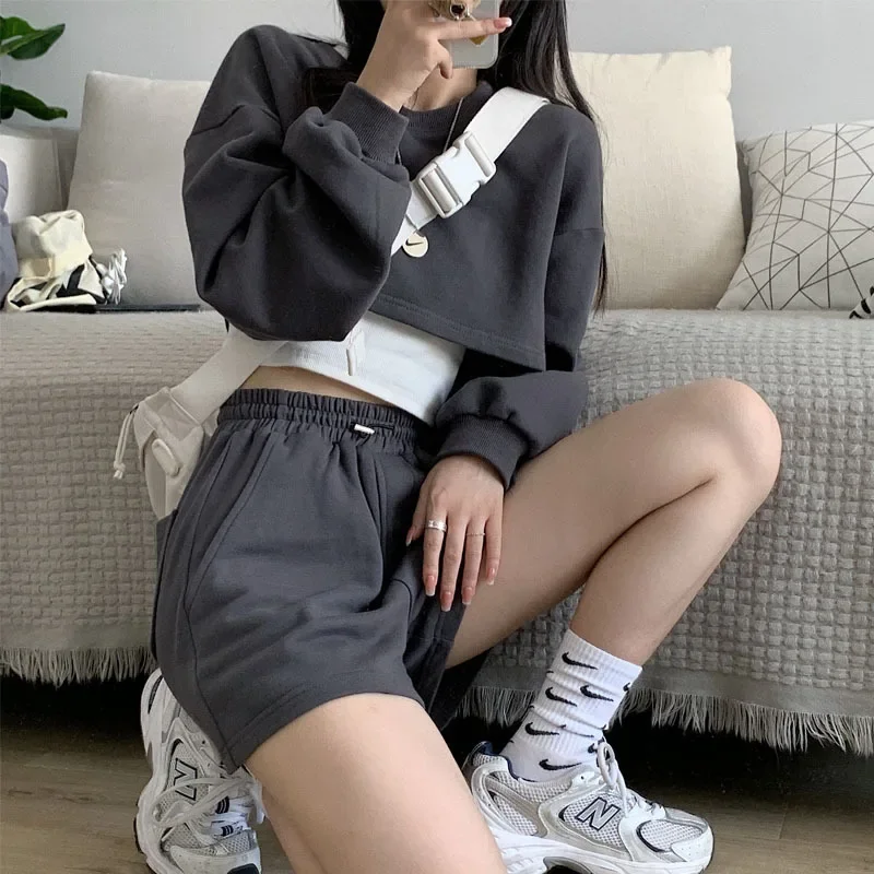 Women 2023 Fall Two Piece Sets Long Sleeve Gray Short Pullover and Casual High Waist Straight Shorts Female Solid Two-piece Suit