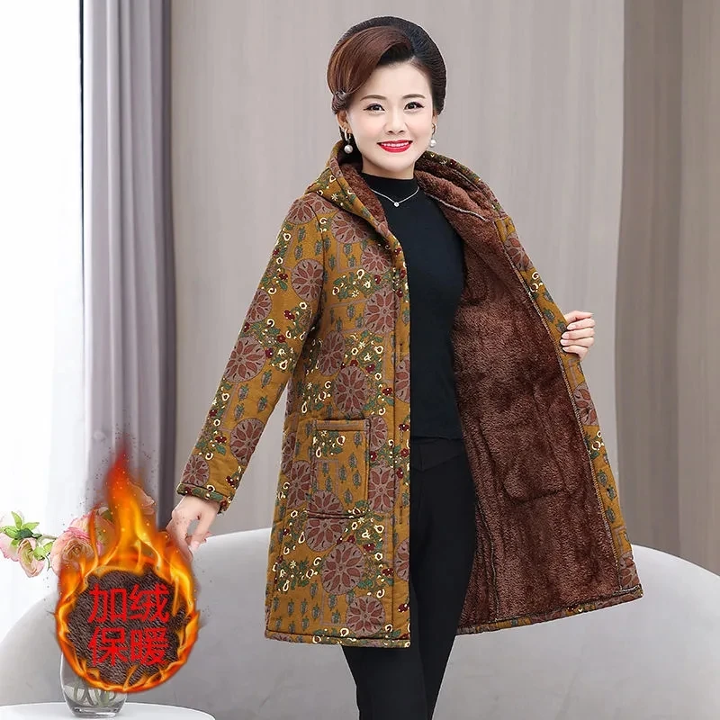 5XL Mother Winter Cotton Clothes Add Velvet Thick Warm Hooded Padded Coat Middle Aged Elderly Grandma Casual Long Parkas Jacket