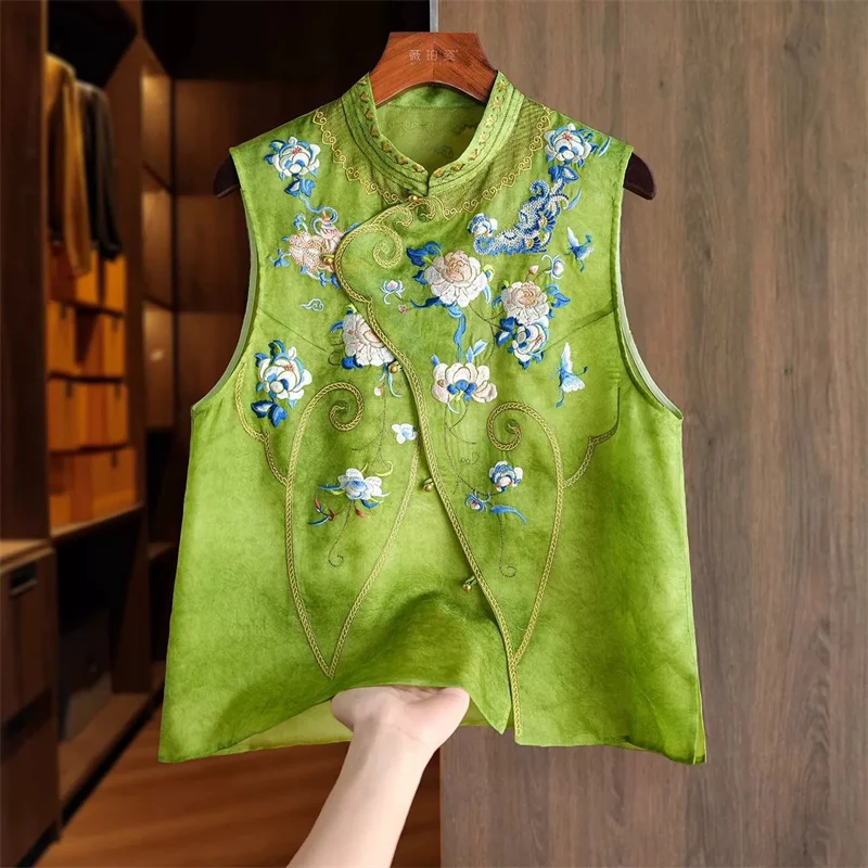 Green Satin Heavy Industry Embroidered Vest for Women Summer Looks Good Improved New Chinese Tang Style Waistcoat top T-shirt