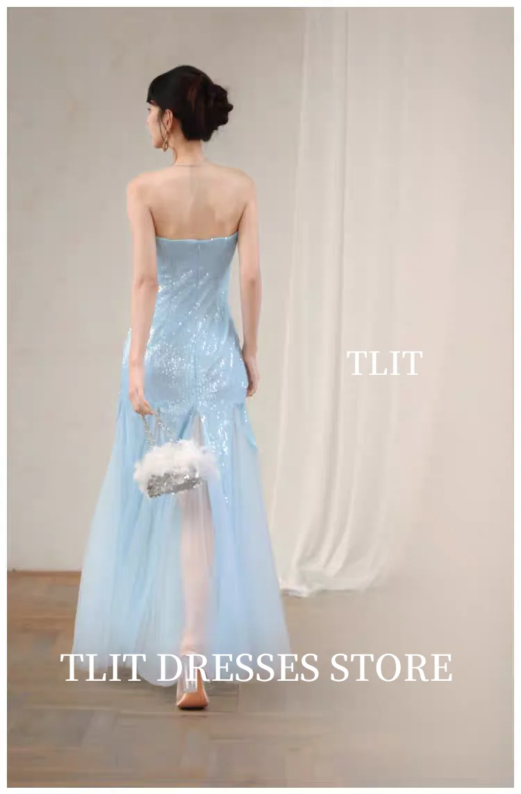 فستان سهرة أنيق مزين بالكريستال من TLIT بدون حمالات فساتين حفلات بفتحة عالية مطرزة بدون ظهر مخصصة للحفلات الرسمية