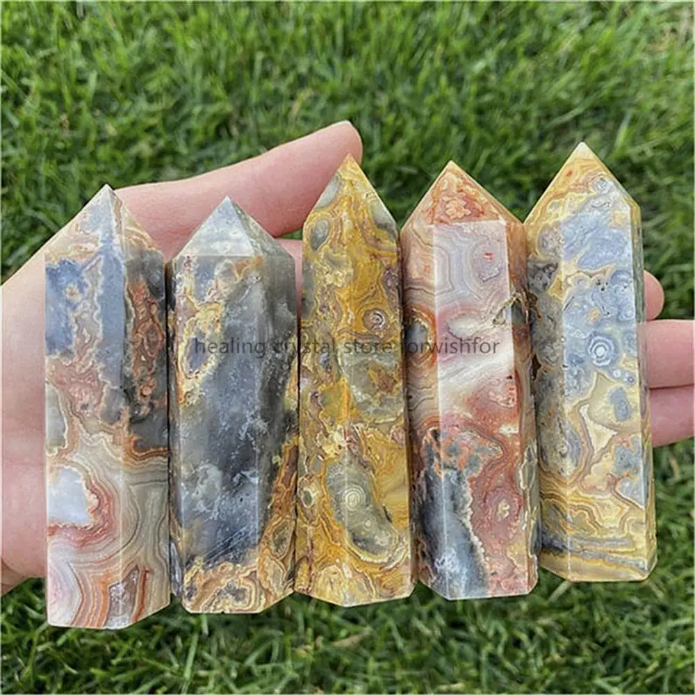 New Arrivals Semi-Precious Stone Crafts Point Natural Yellow Lace Crazy Agate Crystal Towers For Sale