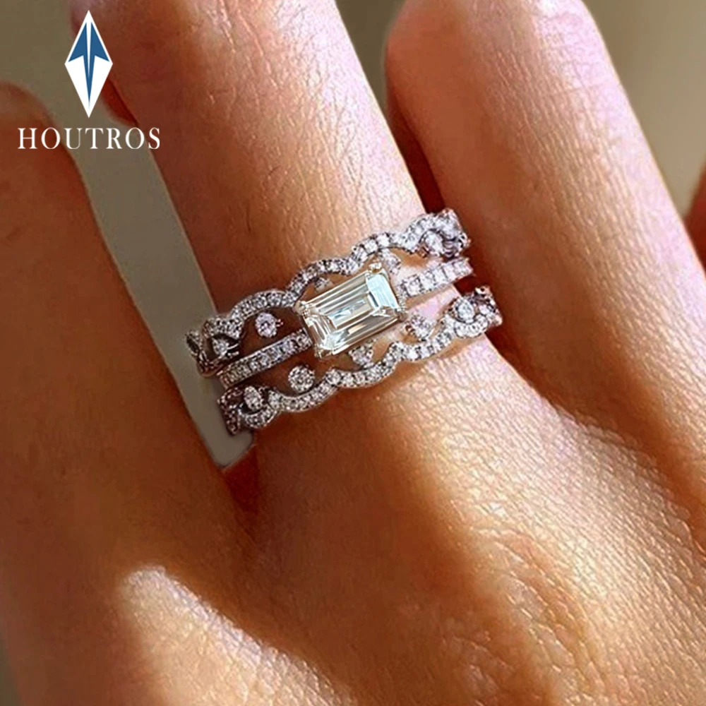 

4x6mm Emerald Cut Moissanite Ring Set for Women 925 Sterling Silver Sparkling Stackable Row Ring Party Wedding Bands Jewelry