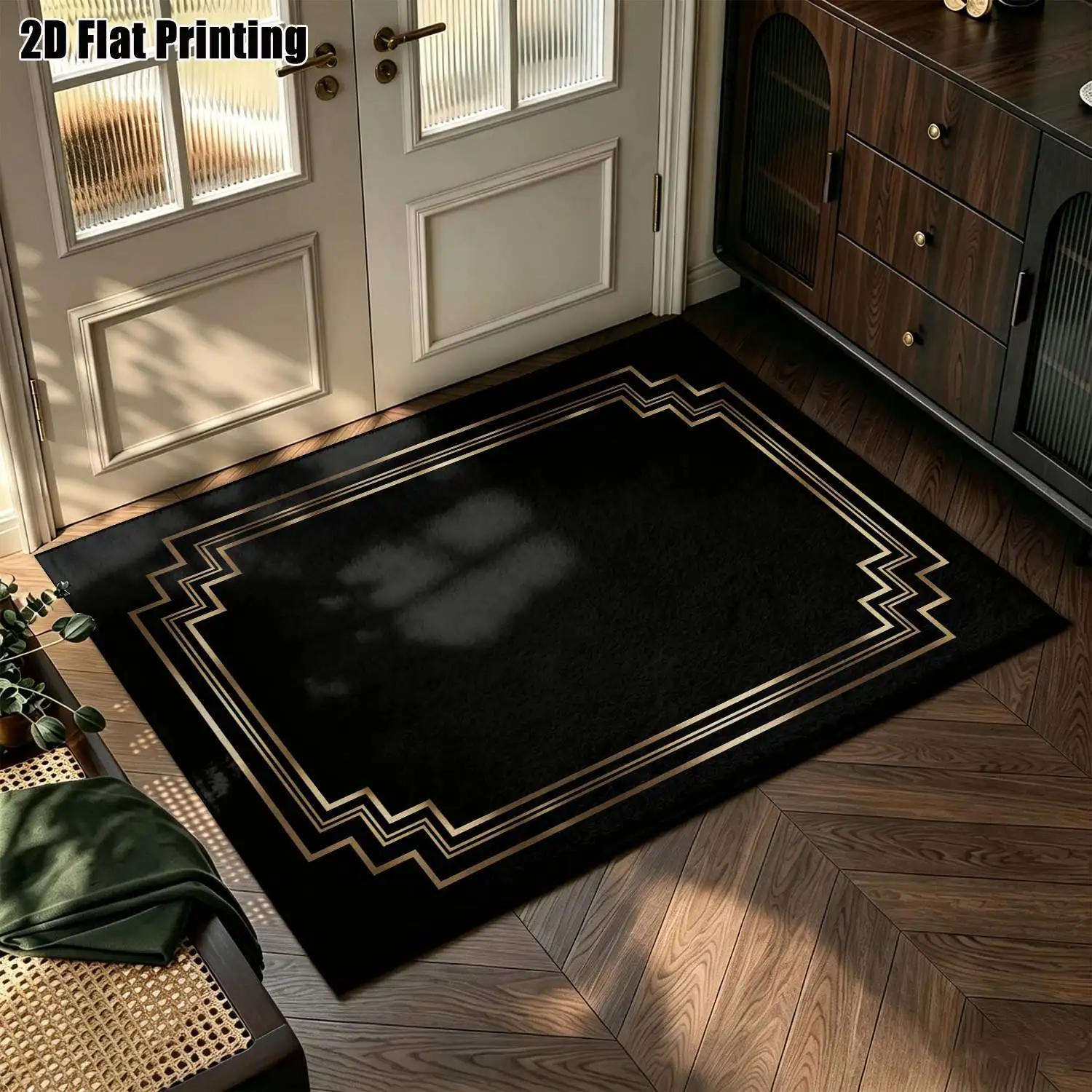 1Pc 2D Printed Carpet: Black & Gold Geometric Border, European/Minimalist/Vintage/Geometric Striped Styles, Home Decor, Multi-Size, Machine Washable, for Entryway, Dining Room, Foyer, Living Room, Bedroom