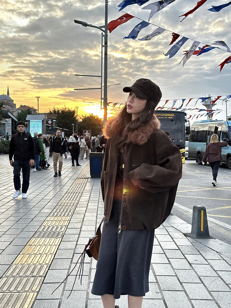 ZQ Casual Sle Women's Brown Cotton Jaet Loose Fit Fur Collar ort Coat Casual Faion Winter New Design Ladies' Outerwear