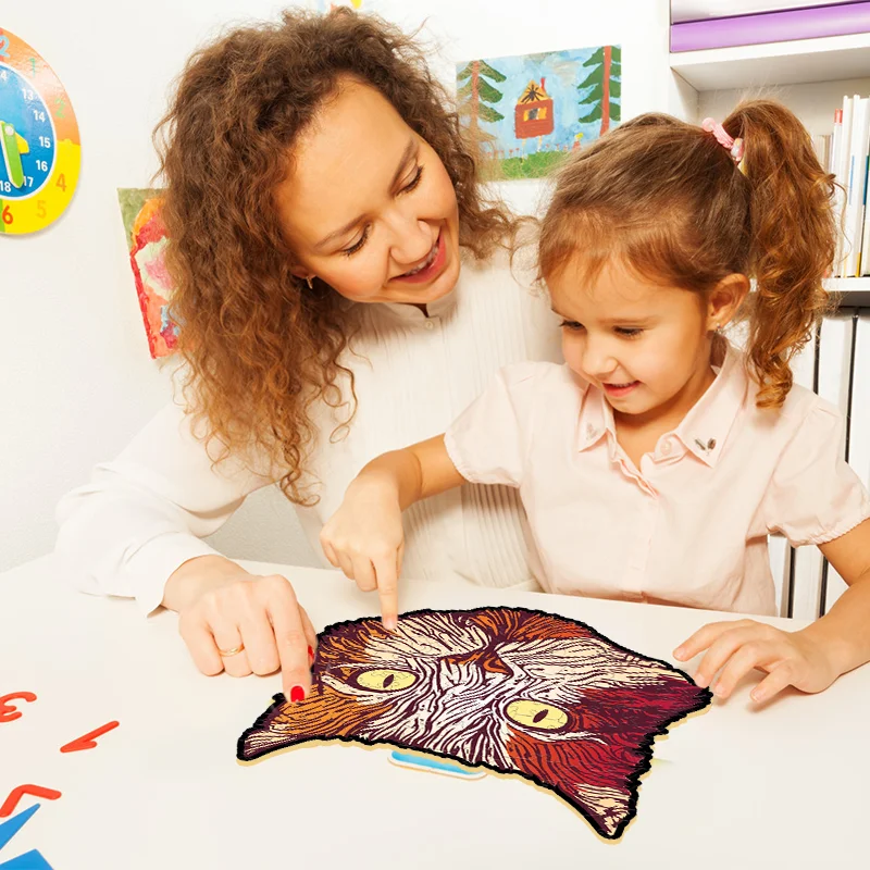 Quebra-cabeça de madeira em forma de gato fofo, ferramentas educacionais infantis, jogos interativos entre pais e filhos, nano cola grátis para colar