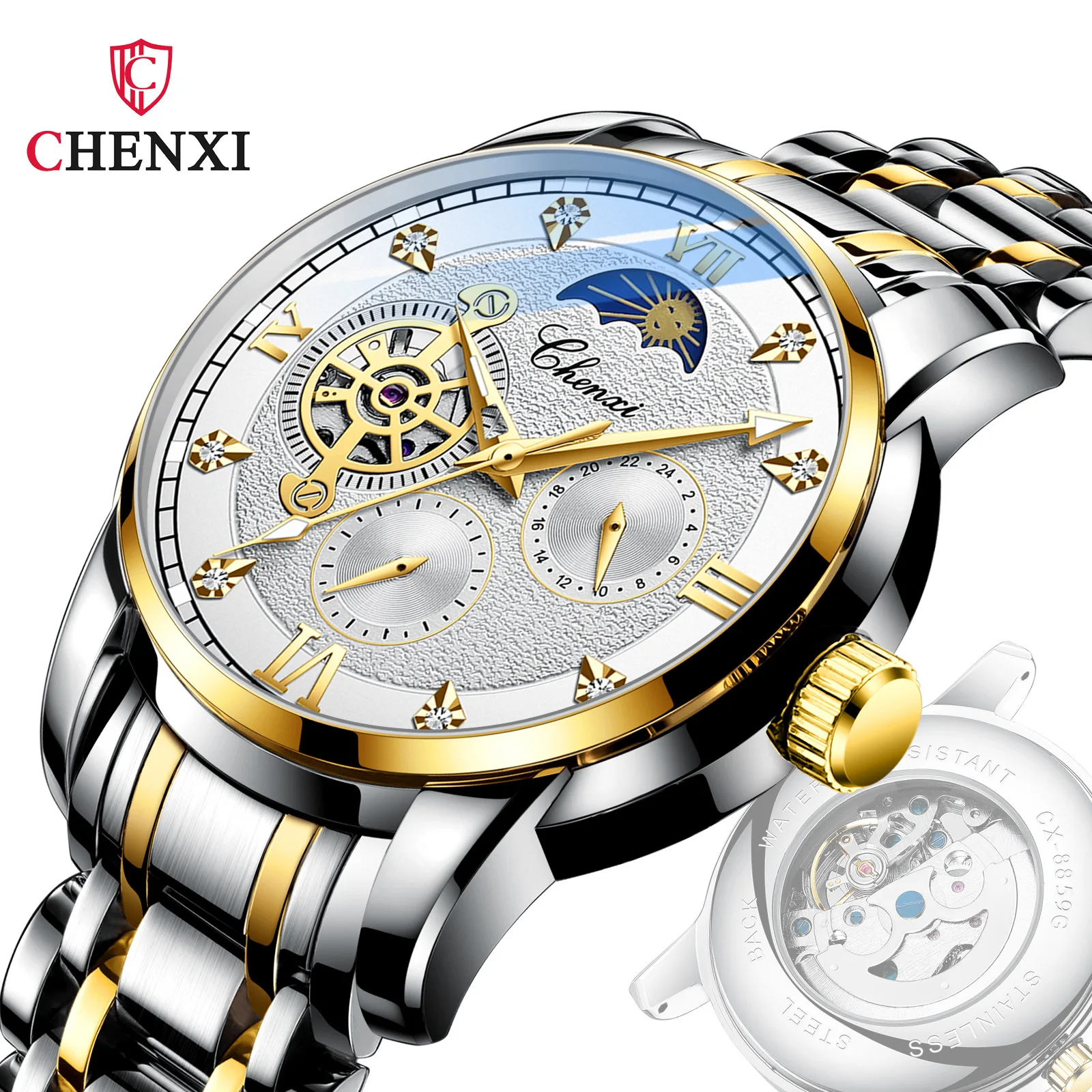 

CHENXI 8859 Mechanical Watch Men Business Fashion Silvery Gold Sun Stainless Steel Strap Clock Analog Display Wrist Watches