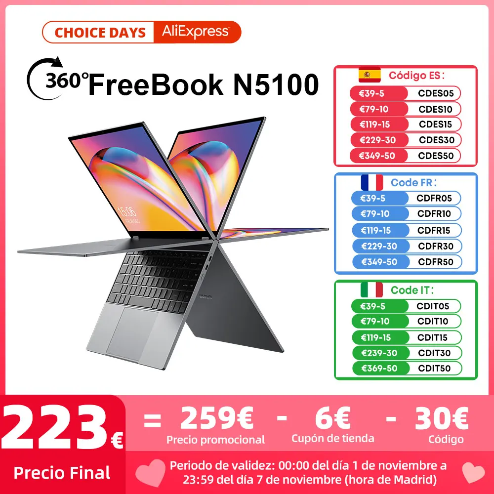 CHUWI FreeBook 360° Laptop Tablet 13.5 Inch FHD Touch Screen Windows 11 Intel Celeron N5100 Quad Core 8GB 256GB Support Stylus