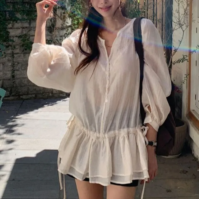 

Chic Spring Summer Button up V Ne Dstring Waist Design Loose Midi Skirt irt for Women Commute Sle Long Sve