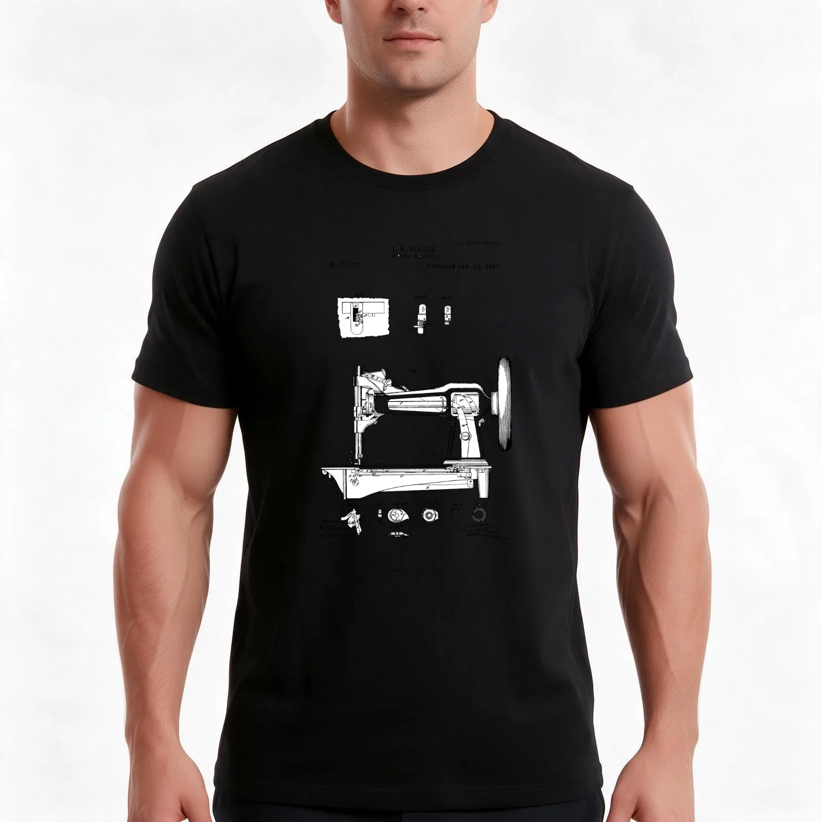 Sewing machine old patent vintage drawings T-Shirt, Summer Casual Cotton Tee, Oversized Streetwear Tops, Vintage Graphic Print