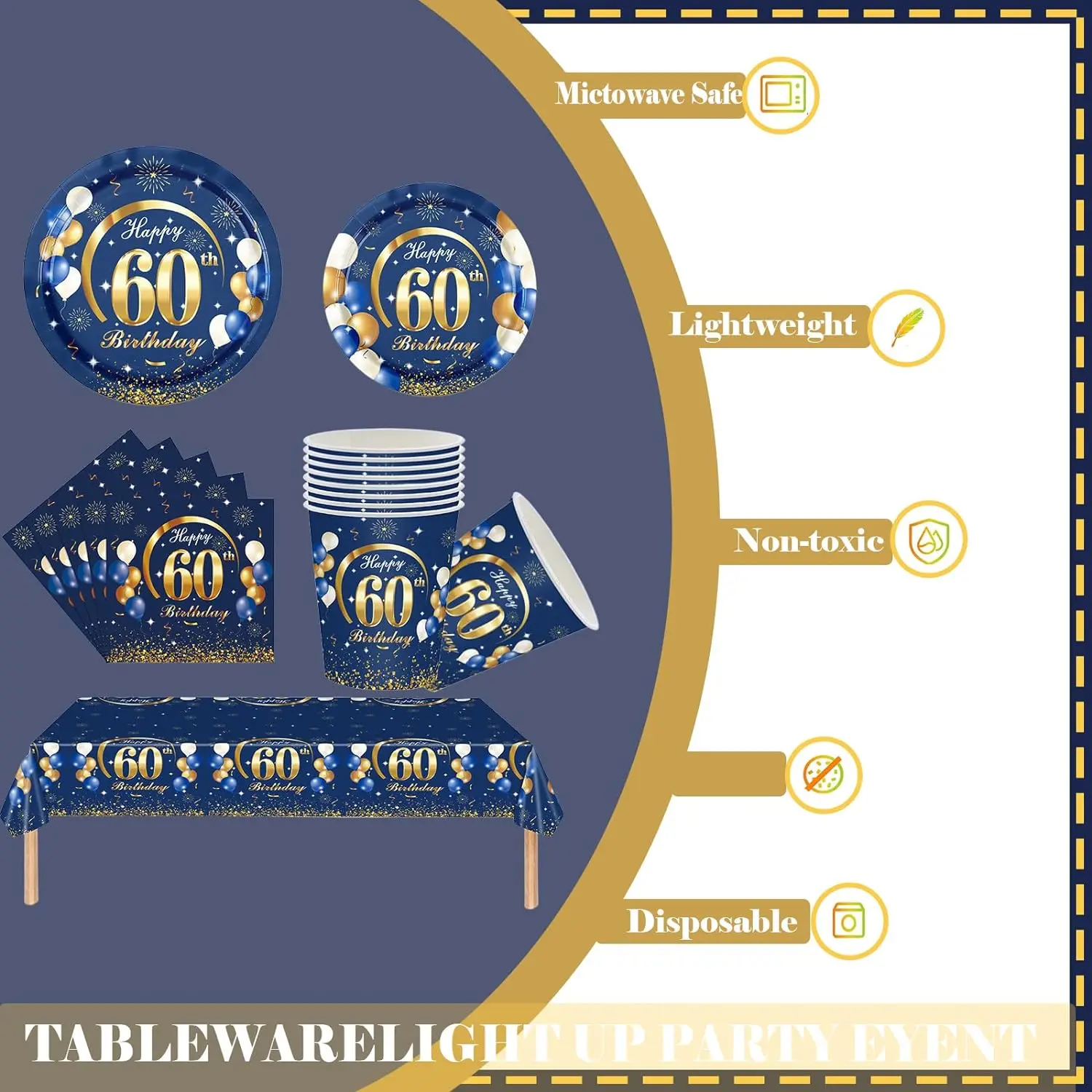 Navy Blue Gold 60th Birthday Decorations Happy 60th Birthday Tablecloth Paper Plates Napkins Cups Set 60th Birthday Table Women