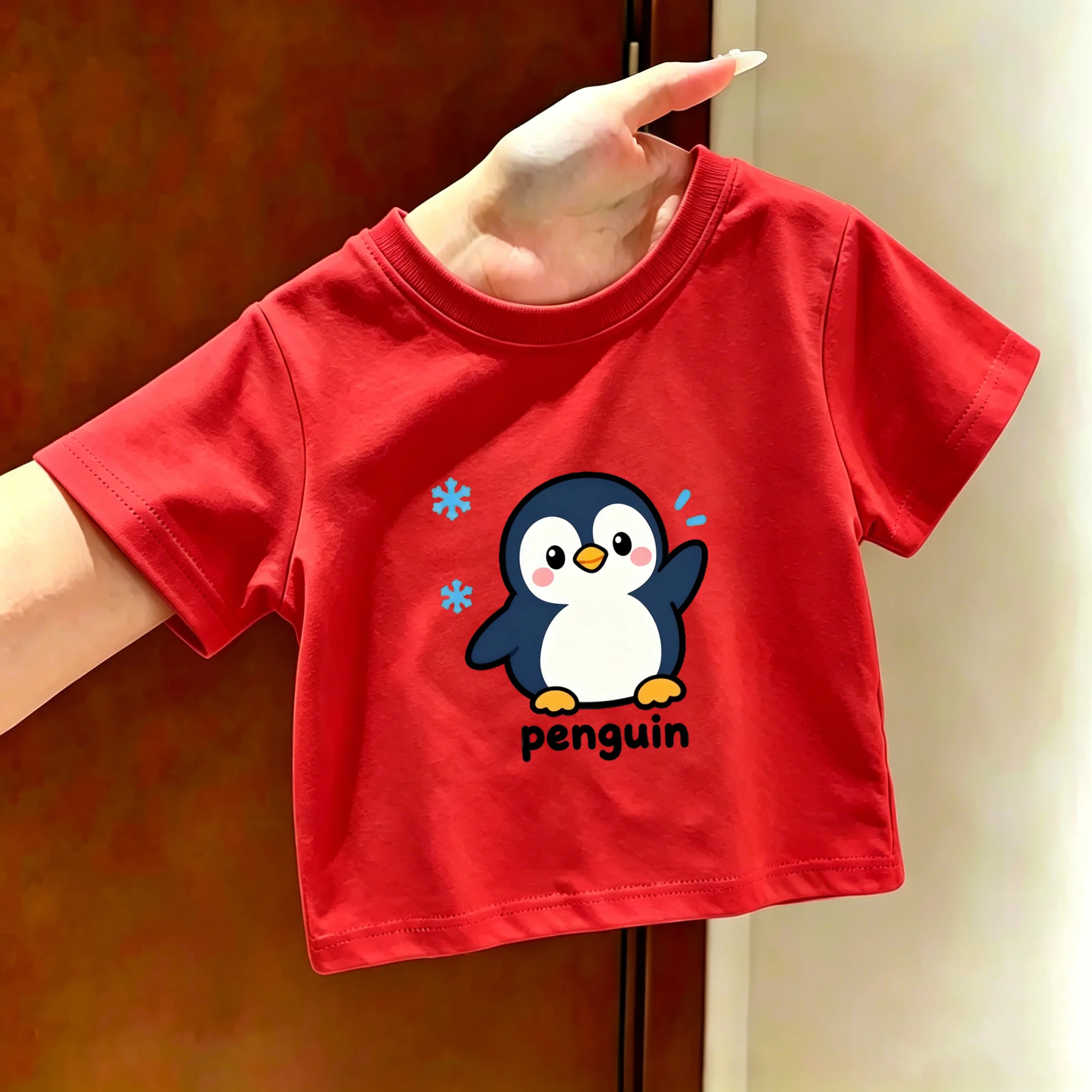 Cute Cartoon Penguin Pure Cotton Short Sleeved T-shirt for Boys and Girls, Versatile Summer New Parent-child Top