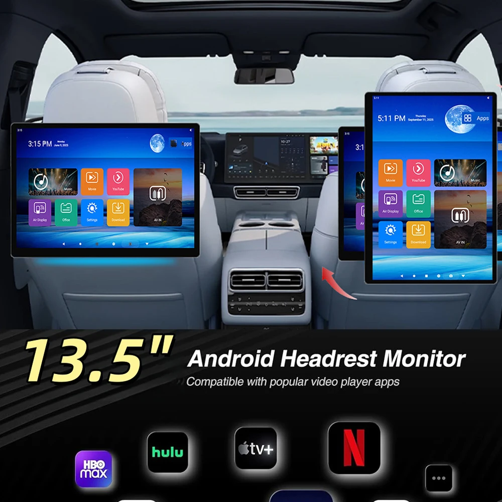 13,5 inch Android Auto Hoofdsteunmonitor 4K Tablet PC 2G+32GB ROM Android 14 HD 1080P WIFI/Bluetooth/HDMI/FM/Mirror Link/Miracast