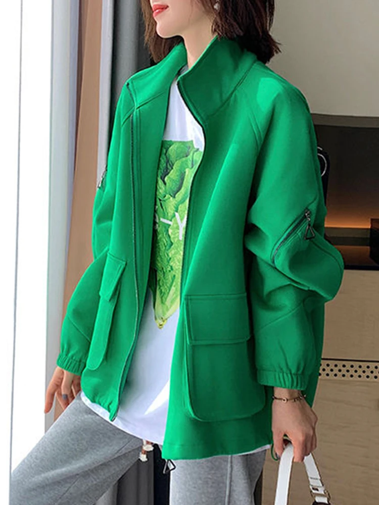 

Зеленая повседневная женская куртка в бейсбольном стиле, модная короткая куртка-бомбер больших размеров на молнии для весны и осени