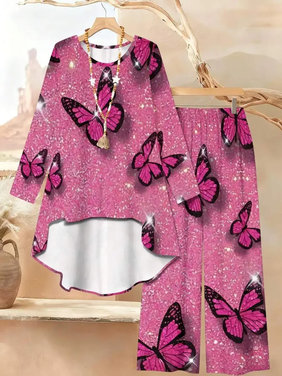

Womens Butterfly Print Loose Long Sleeve Top And Straight Leg Pants Set