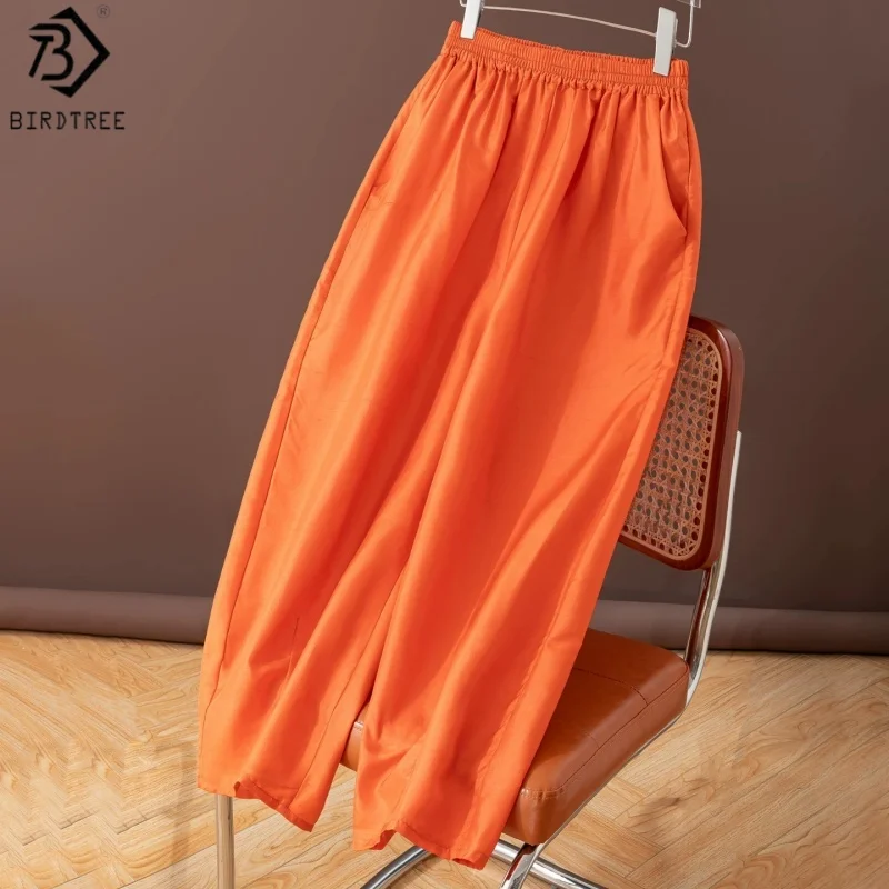 

Birdtree, 100% Silk Orange Pants, With Pocket, Women Dupioni Silk Harem Casual Trousers, Elastic Waist, 2026 Summer New P65408JF