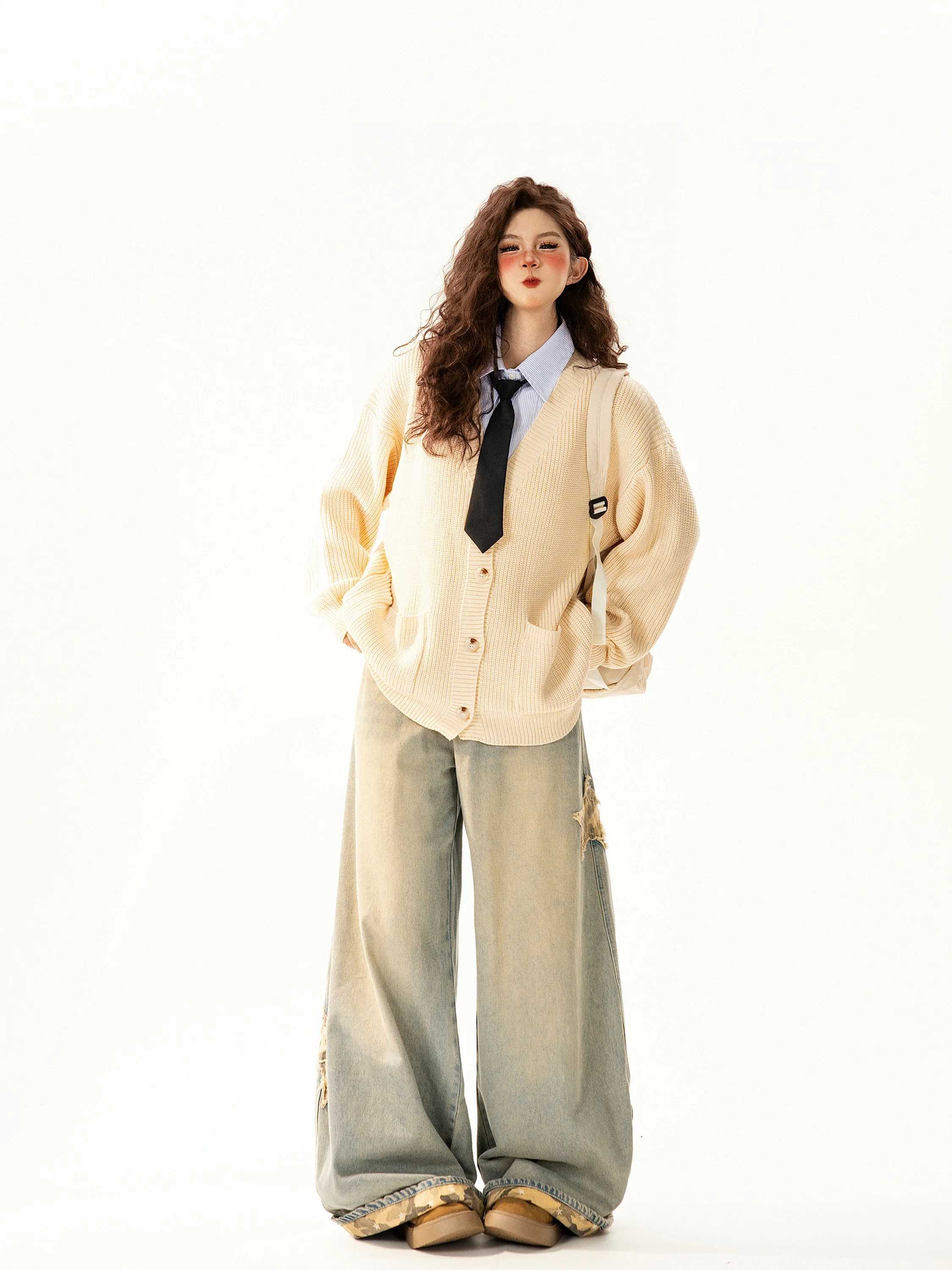 

Американский ретро-коледж Sle, искусственный двухсекционный открытый кардиган, свитер, женский свободный универсальный вязаный джет, свободный свитер для поездок на работу...