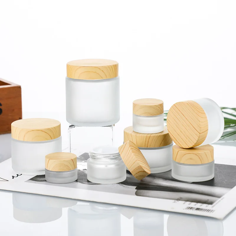 48pcs 5g-50g Frosted Glass Jar Skin Care Eye Cream Jars Pot Refillable Bottle Cosmetic Container With Wood Grain Lid