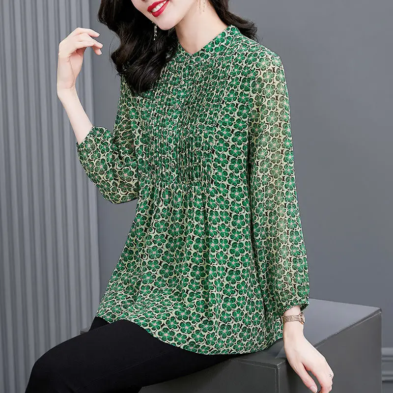 

2023 Spring and Autumn Female Fashion New Floral Shirt Ladies Round Neck Long Sleeve Green Chiffon Blouse Top Women's Casual