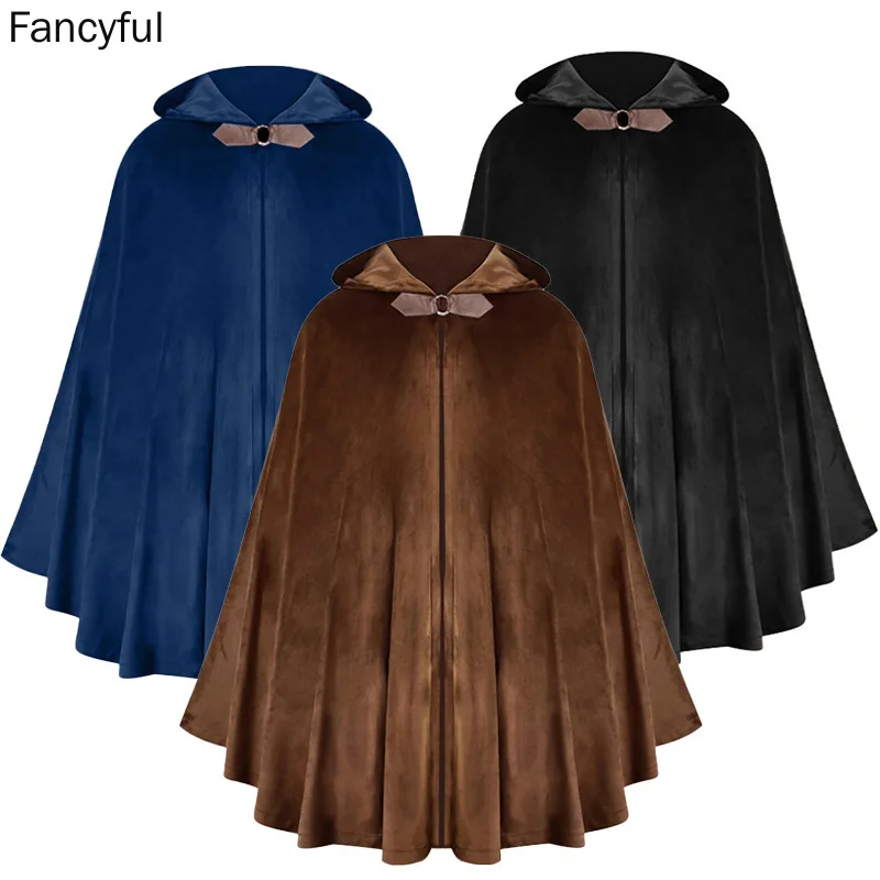 Halloween Cosplay Men's Long Cloak Hooded Medieval Vampire Pirate Robe Old Ranger Gold Velvet Wind Cheater Tops