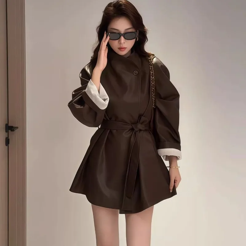 

Black Leather Jacket Women's High-end Sense New Autumn Cool Sa Style Temperament Huge Good-looking Jacket Medium Long Exquisite