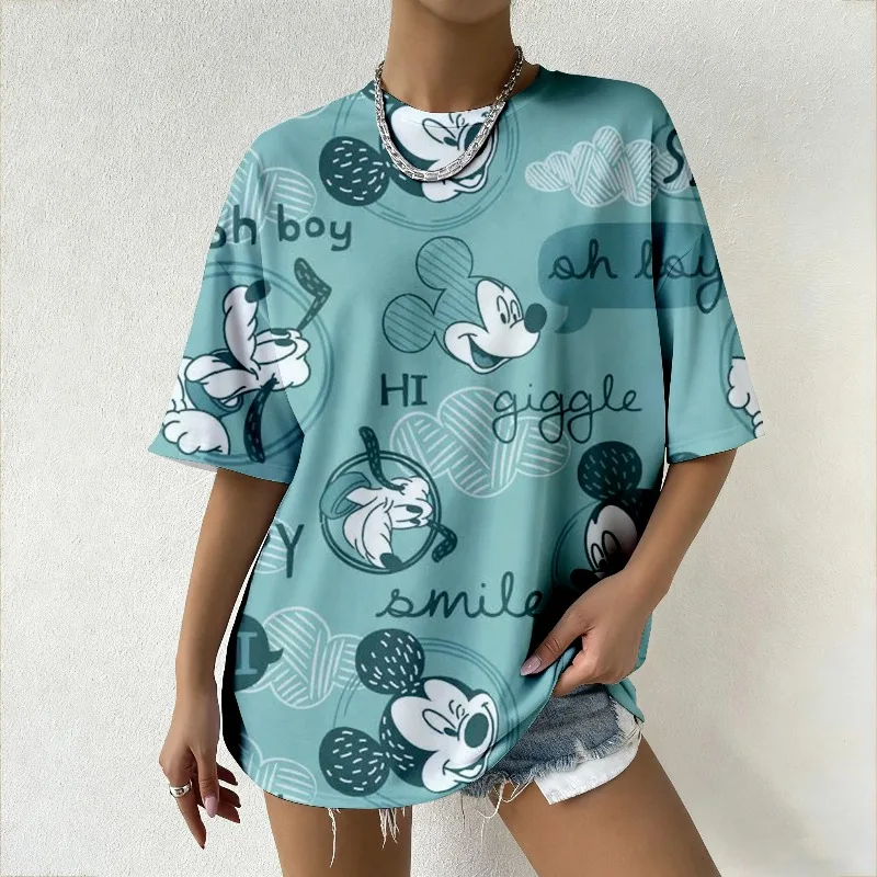 

Women's Brand Y2K Oversized T-Shirt with Mickey Mouse Print Light Blue Summer Fashion Top for Streetwear Casual & Daily Wear