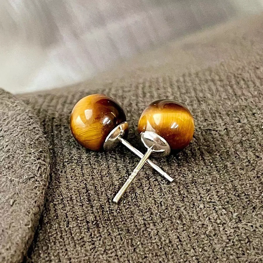 الطبيعية 8 مللي متر 10 مللي متر 12 مللي متر عين النمر المستديرة و S925 أنيقة ساحرة جميلة 1 زوج أقراط مجوهرات للنساء الحياة اليومية أو الحفلات