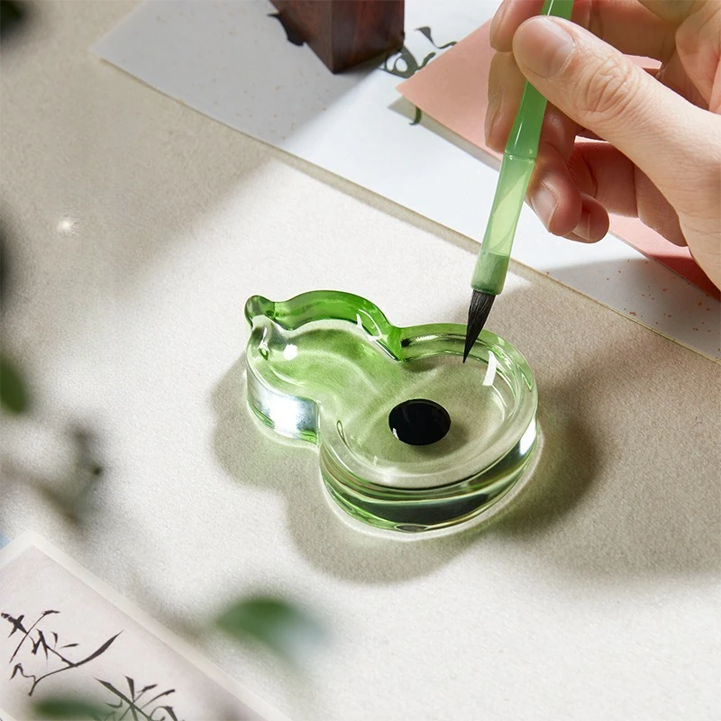 Colored Glaze Ink Dish Crystal Gourd Shaped Brush Rest Holder for Chinese Calligraphy Ink Storage Writing Stationery