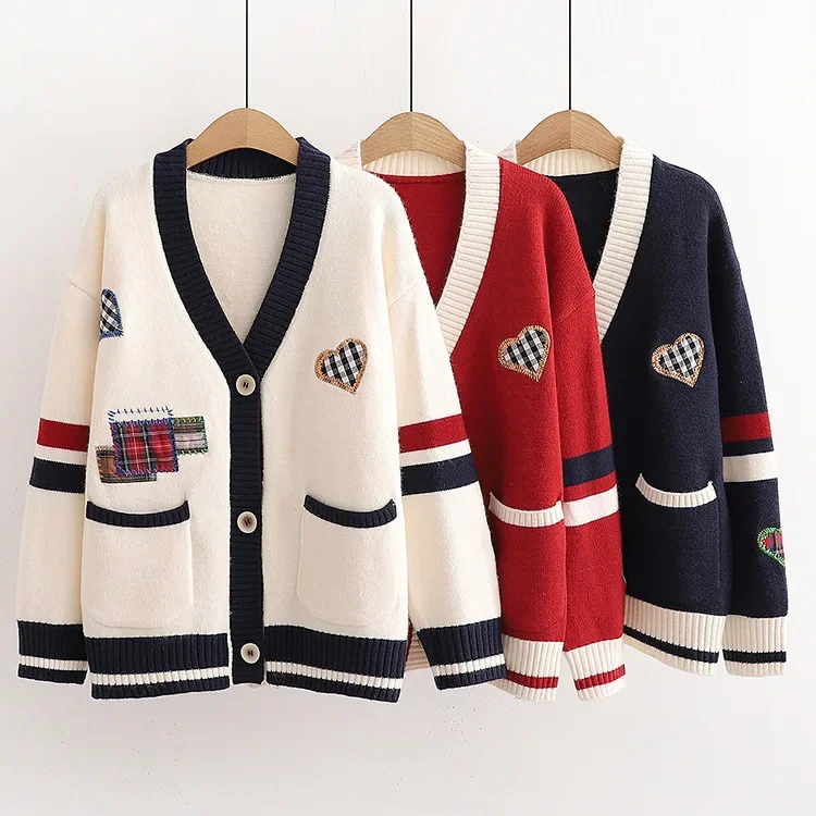 

Women's Patchwork Embroidered Sweater Jacket Korean Style New Autumn and Winter Models. Loose, Long-sleeved Cardigan It's Preppy