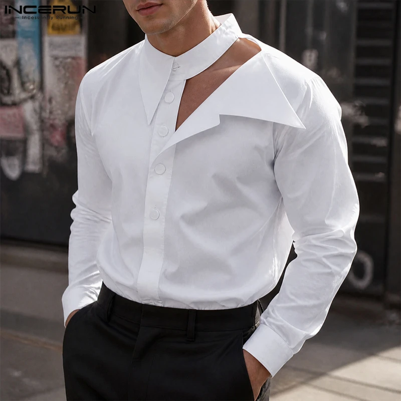 INCERUN Men's Sets Solid Color Lapel Long Sleeve Hollow Out Men Clothes Streetwear Loose Fashion Casual Tops For Man Camisas