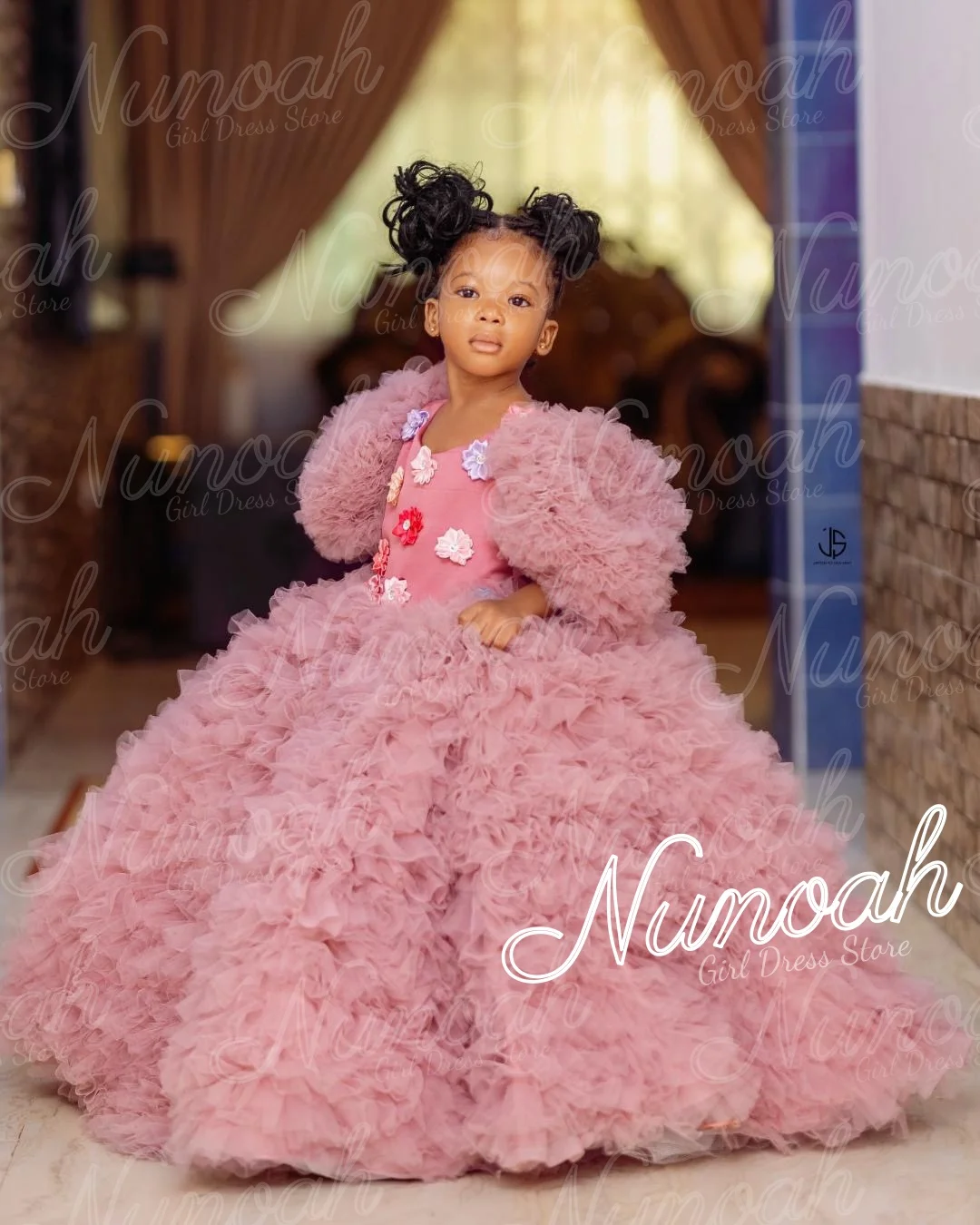 

Luxury Pink Flower Girl Dress For Wedding Layered Girl Kids Birthday Party Floor Length First Holy Communion Gown CustomizedL