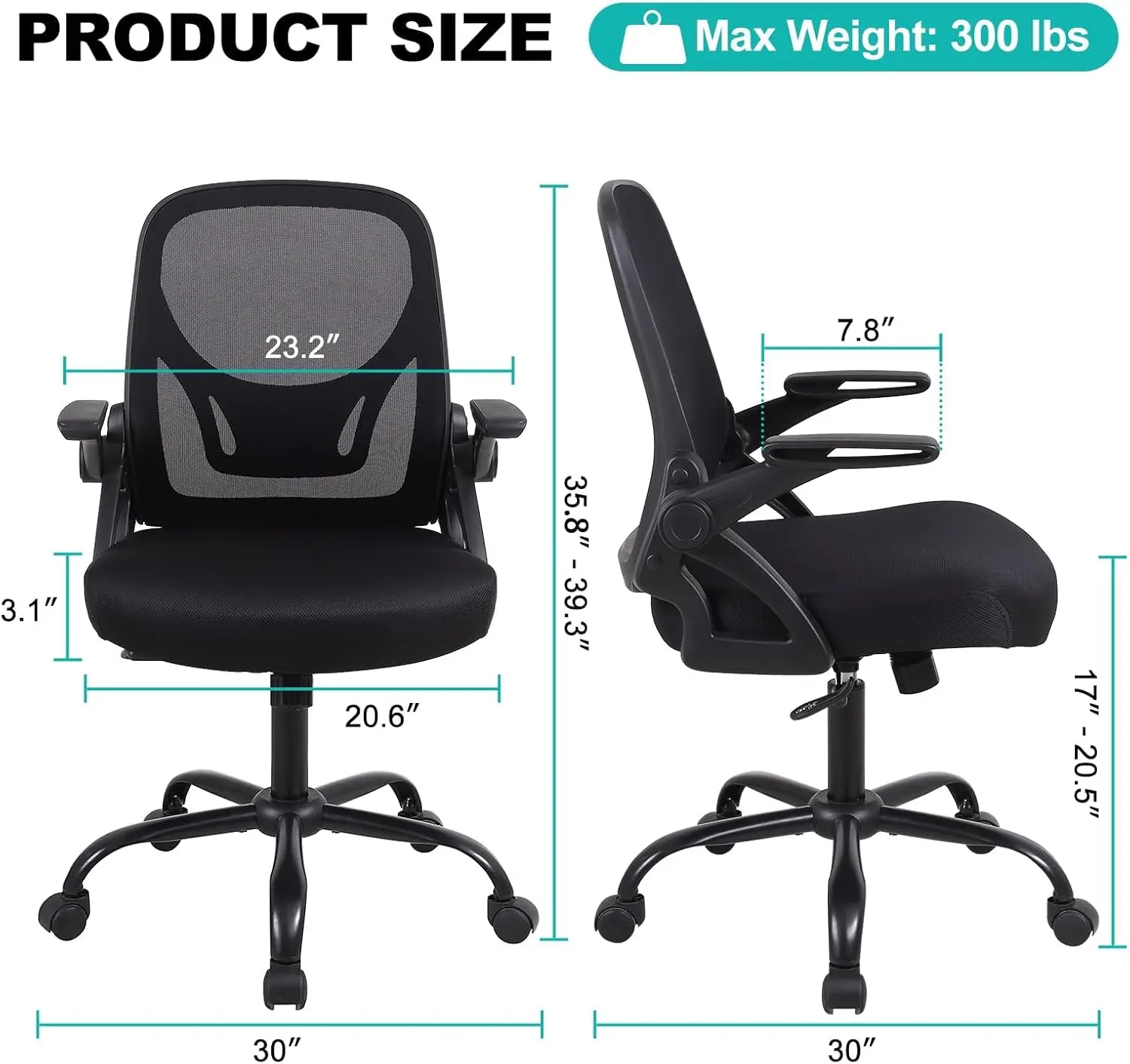 Home Office Desk Chair, Adjustable Height Ergonomic Computer Chair with Thick Cushion, Flip-up Armrests, and 360-Degree Swivel -