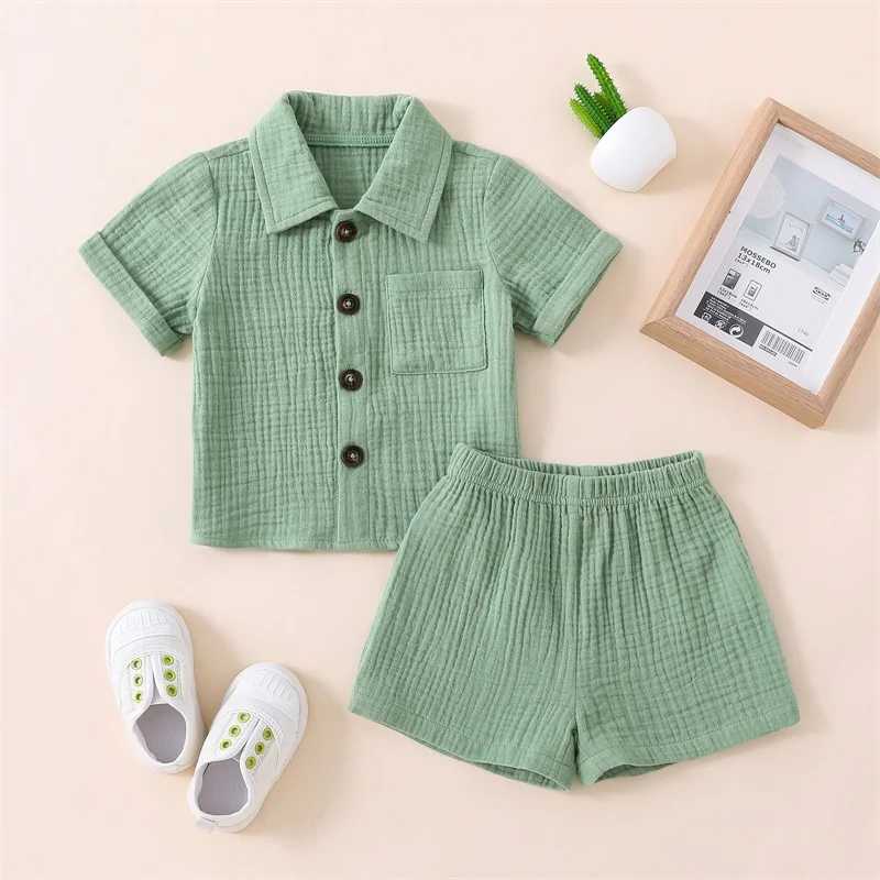 Baby Boys Summer Casual Outfits Toddler Solid Color Short Sleeve Buttons Lapel Shirts Short Pants Kids Boys Soft Clothing Set