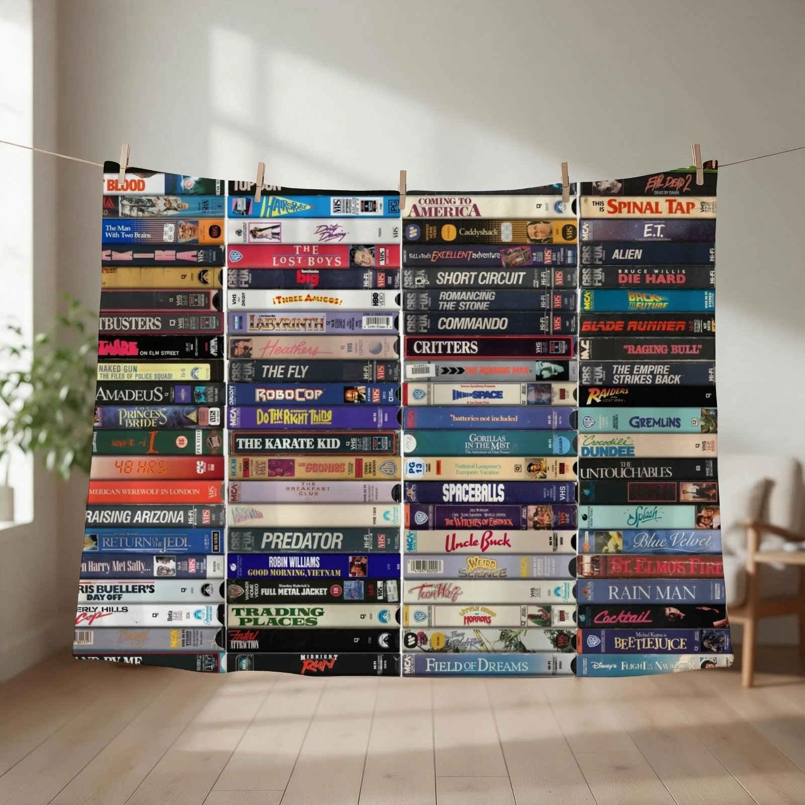 Greatest Films of the1980s - Vintage 80s VHS Cassette Print Throw Blanket couch cozy soft plush fuzzy picnic outdoor blanket