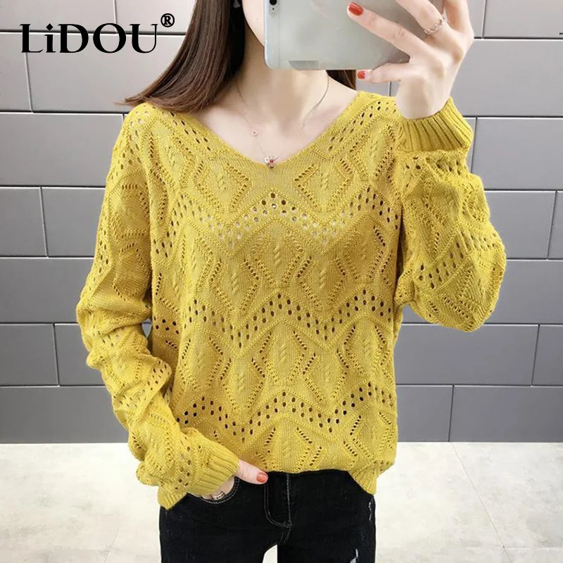 Spring Autumn Solid Hollow Out Jumper Women V-neck Elegant Fashion All-match Pullover Korean Style Sweet Sweater Female Clothes