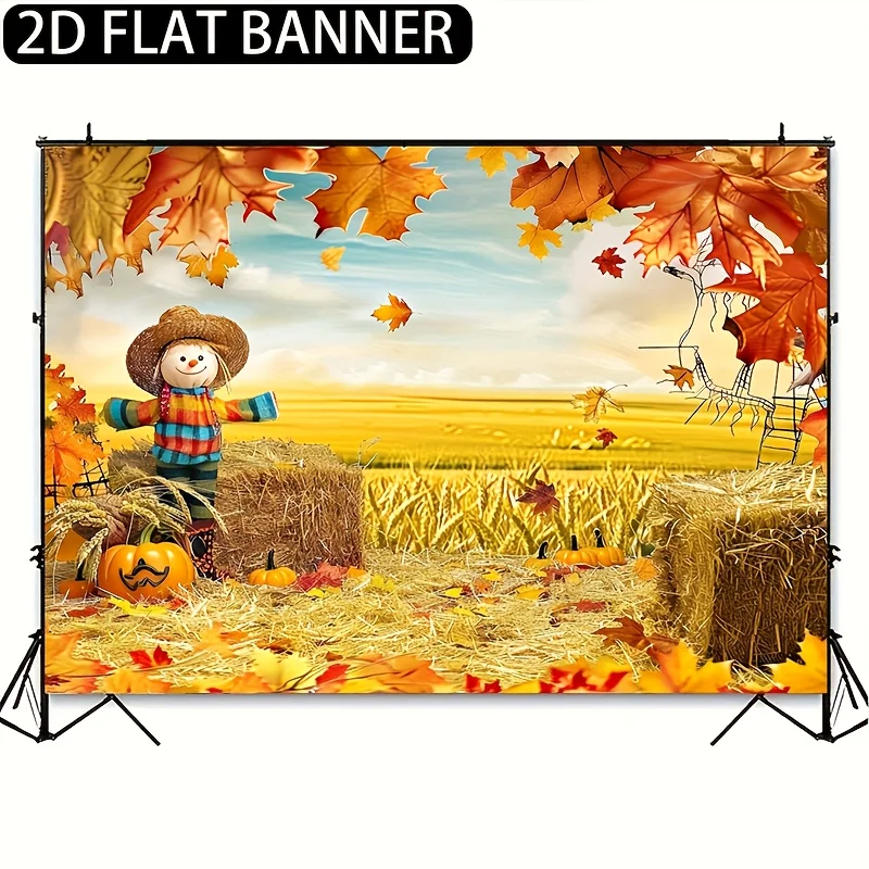 قطعة واحدة من قماش خلفية عيد الشكر لحصاد الخريف - قطعة واحدة من اليقطين والقش ونمط أوراق القيقب