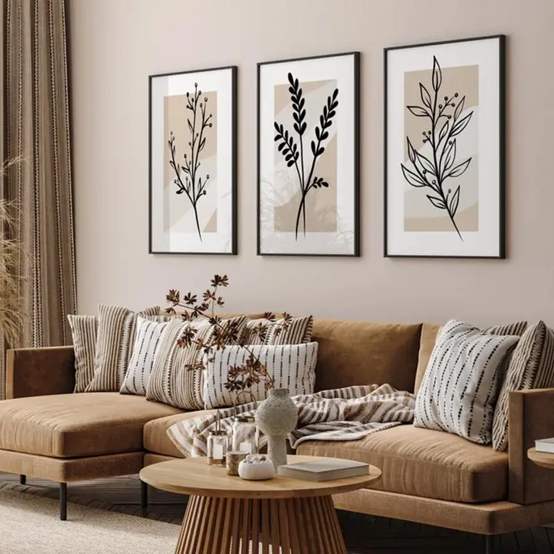 Minimalist Boho Line Floral Poster Three Pieces Living Room Beige Spring Wall Canvas Painting Nordic Bedroom Decorative Wall Art