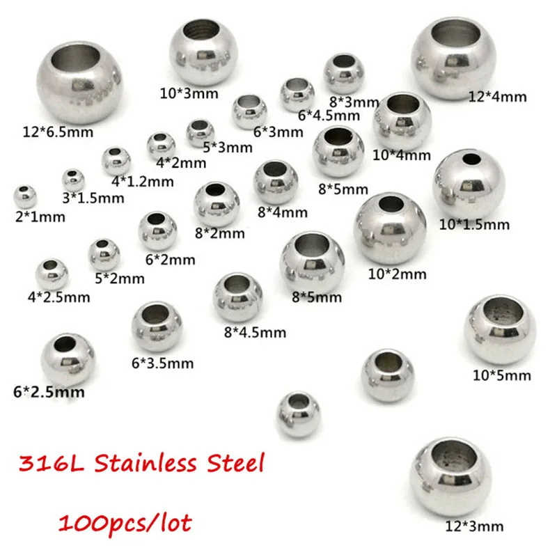 Cuentas de acero inoxidable 316L, 100 piezas, 2mm-12mm, bola europea de Metal, espaciador de agujero grande para la fabricación de joyas, pulsera y collar Diy
