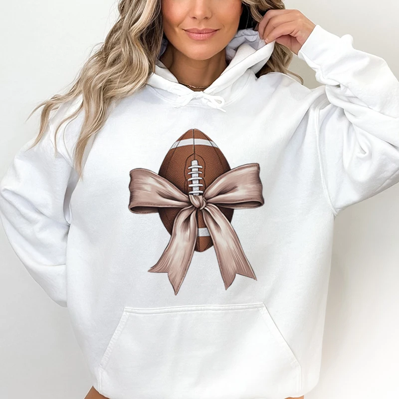 Fall Football Bow Print Hoodies Autumn And Winter Women Fashion Casual Sweatshirt Hoodie Round Neck Solid Color Long Sleeve Tops