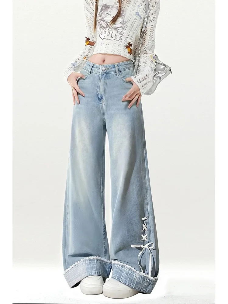 Women's Bow Tie Strap Flanging Jeans Young Girls Sweatpants Casual High Waisted Pants Summer Bottoms Female Wide Leg Trousers