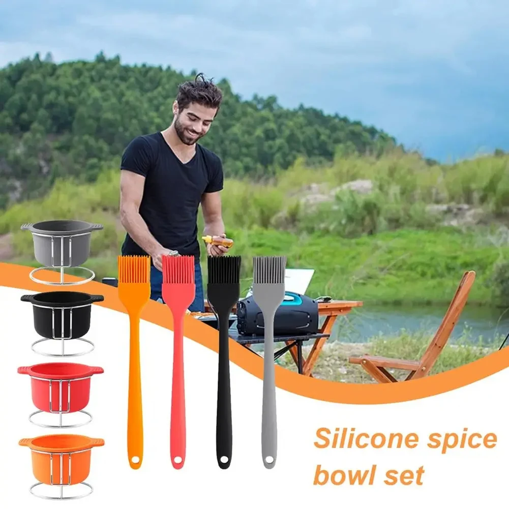 

ABUH-Pinch Bowls For Cooking Prep Silicone Prep & Bowl With Brush & Rack BBQ Accessories Reusable Kitchen Condiment
