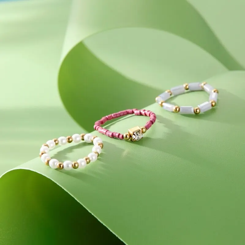 3pcs Pearl Ring Ladies Simple Model Bohemian Style Hand Beaded Hand Jewelry For Holiday Party