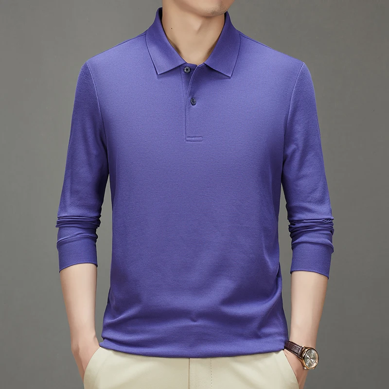 

Business Casual Solid Color Men's Long-Sleeved Polo Shirt, Comfortable Daily Leisure, Stretchable, Autumn New Cotton T-shirt
