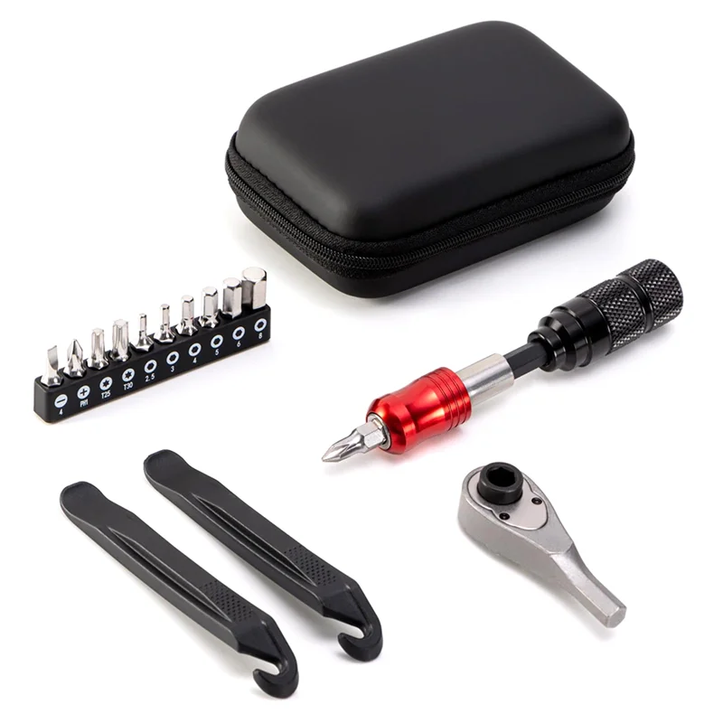 

RTSHE-Bicycle Multi-Tool Kit For Camping And Travel-Bike Repair Tool Kit With Ratchet Reversible Tool, 10 Tool Bits& Tire Levers