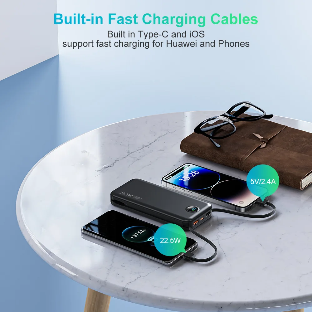 شاحن محمول بقدرة 12000 مللي أمبير في الساعة يعمل بالتيار المتردد مع كابلات مدمجة وشاشة رقمية وشحن سريع 22.5 وات للهواتف الذكية