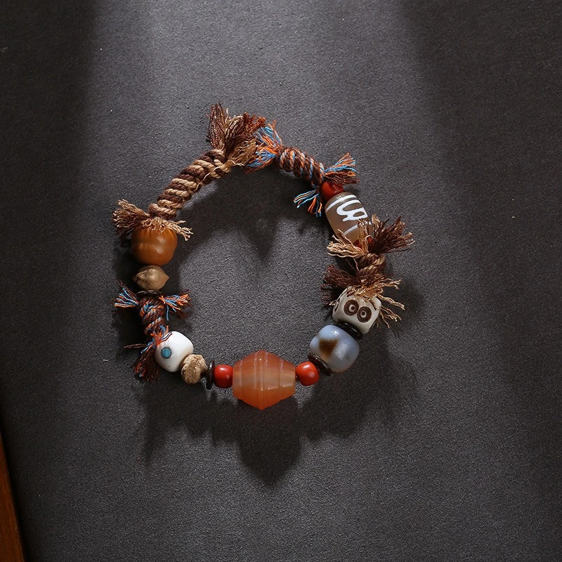 Tibetan God of Wealth Tianzhu Old Agate Hand Rope Handmade Weaving StyleEthnic ExoticStyle String Cultural and Artistic Bracelet