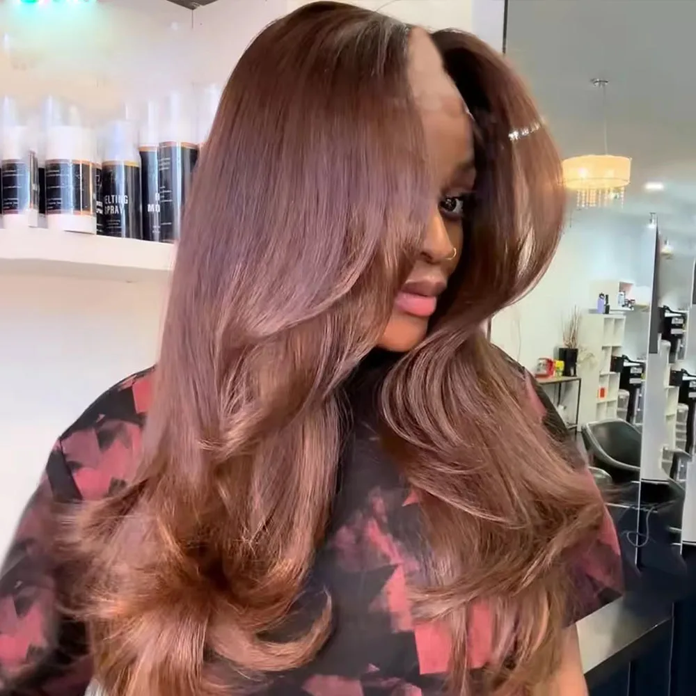 Reddish Chocolate Brown Layered Cut 100% Remy Human Hair V part Wig For Women Butterfly Haircut Glueless Blonde U Shape Wig 250%